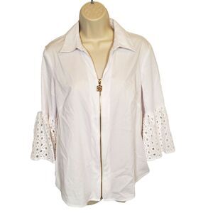 Anne Klein Women's Blouse Size Small White Full Zip Top Lightweight Loose Shirt